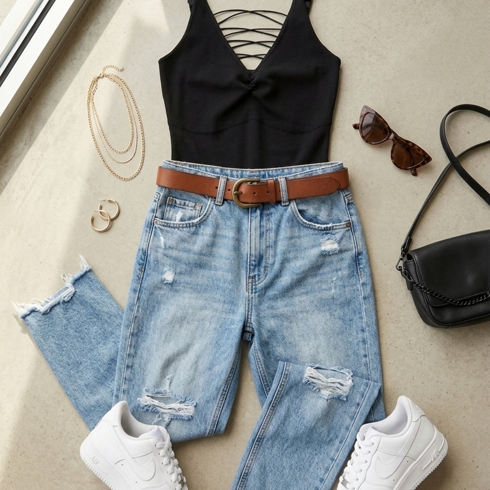Black Lace-Up V-Neck Bodysuit — Sleek Women's Staple